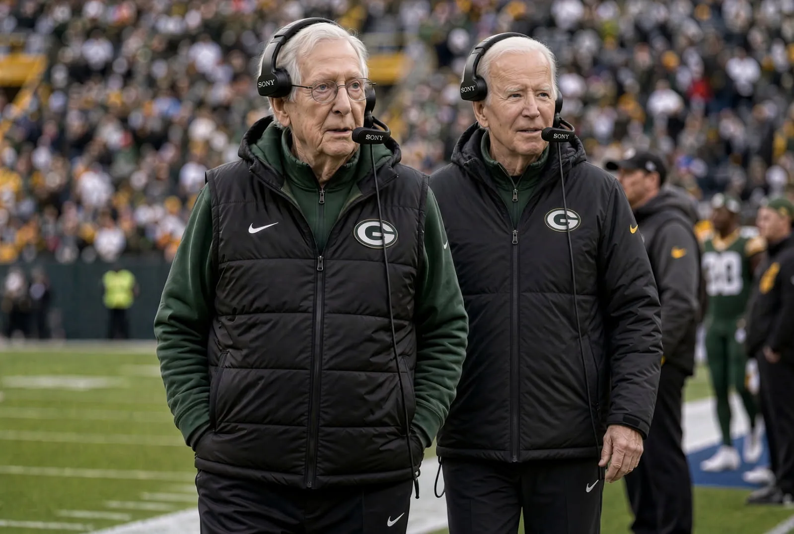 Photo illustration of two men in Green Bay Packers jackets and headsets walking along the sideline at Lambeau Field.